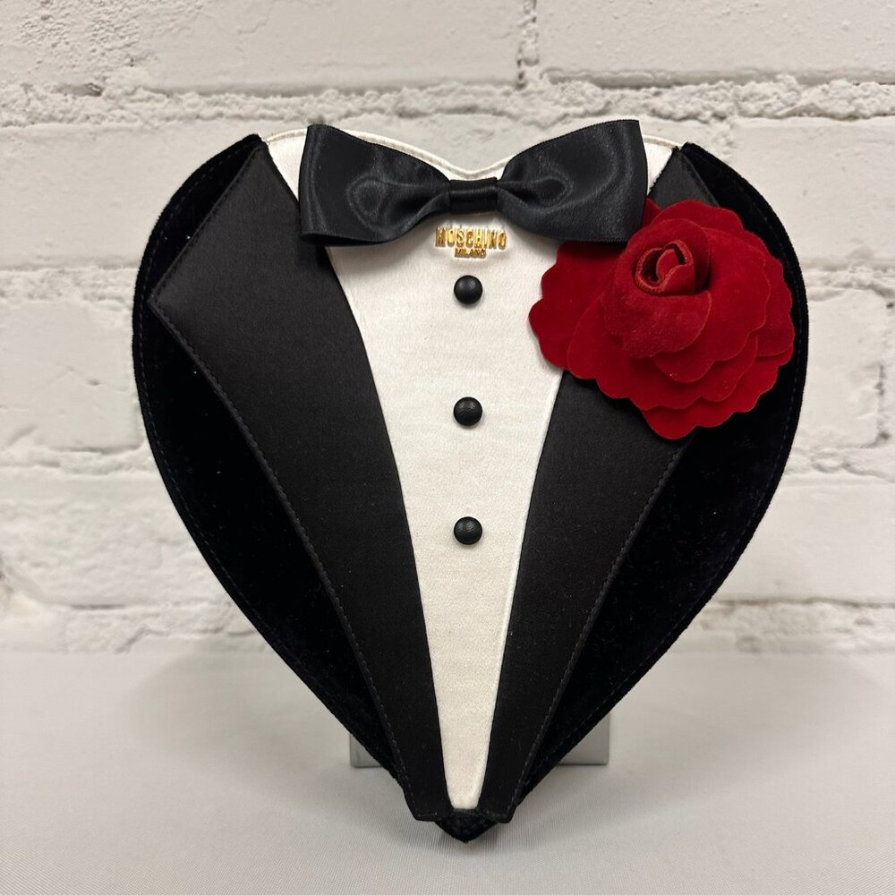 AW22 MOSCHINO Couture Jeremy Scott Black Tuxedo Groom Bow Tie Heart Shaped Bag